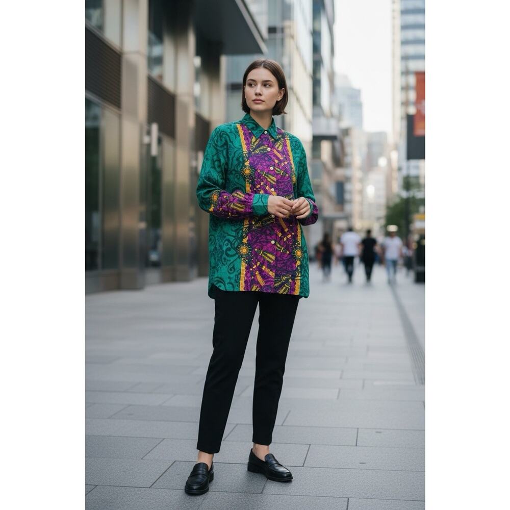 Vintage Style My Way M Green Purple Gold Baroque Medusa Head Medallion Tunic Top